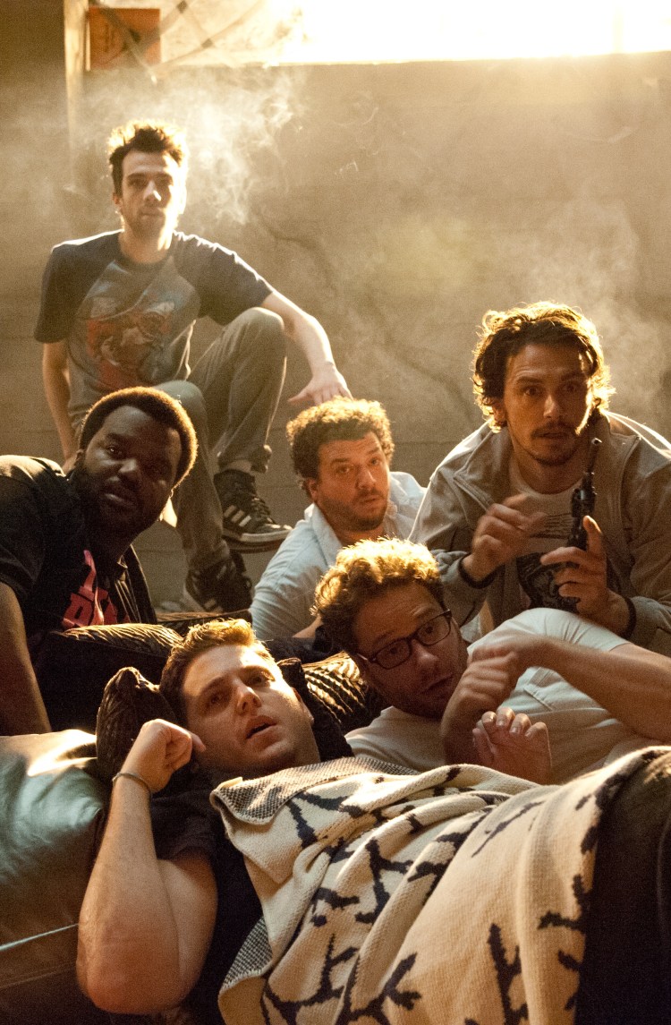 Clockwise from top left, Jay Baruchel, Danny McBride, James Franco, Seth Rogen, Jonah Hill and Craig Robison star in Columbia Pictures' "This Is The End."