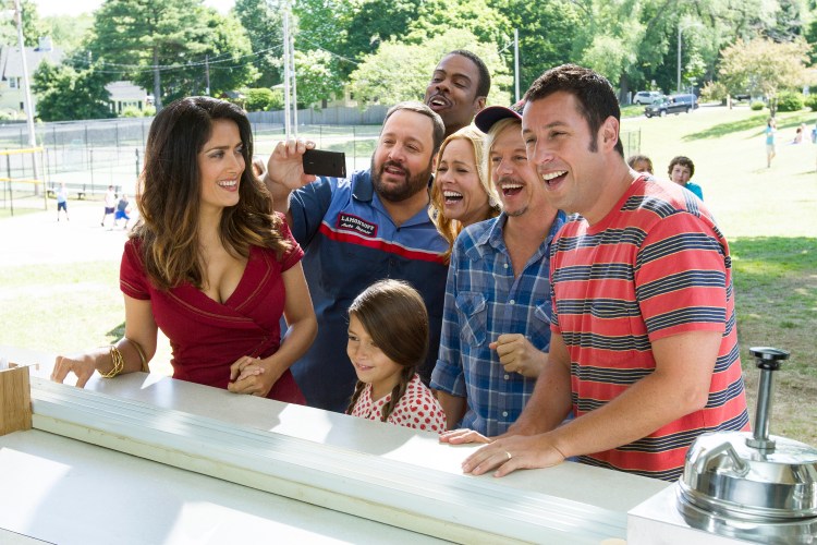 Roxanne Feder (Salma Hayek), Eric Lamonsoff (Kevin James), Becky Feder (Alexys Nicole Sanchez), Kurt McKenzie (Chris Rock), Sally Lamonsoff (Maria Bello), Lenny Feder (Adam Sandler) and Marcus Higgins (David Spade) at The Ice Cream House in Columbia Pictures' GROWN UPS 2.