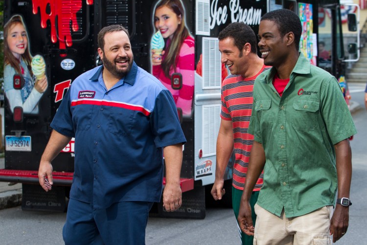Eric Lamonsoff (Kevin James), Lenny Feder (Adam Sandler), Kurt McKenzie (Chris Rock) and Kitty (Kris Murrell) walking down the street in Columbia Pictures' GROWN UPS 2.