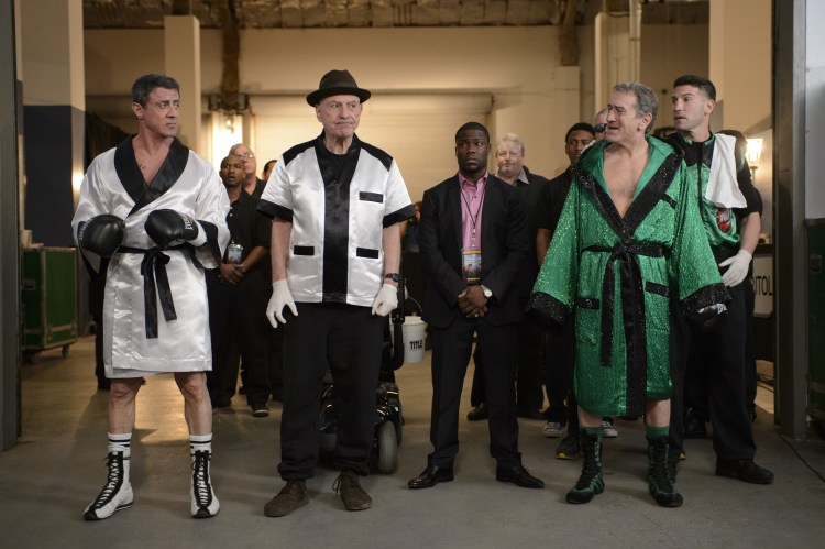 Copyright: 2013 WARNER BROS. ENTERTAINMENT INC.  Photo Credit: Ben Rothstein  Caption: (L-r) SYLVESTER STALLONE as Henry "Razor" Sharp, ALAN ARKIN as Louis "Lightning" Conlon, KEVIN HART as Dante Slate , Jr., ROBERT DE NIRO as Billy "The Kid" McDonnen and JON BERNTHAL as BJ in Warner Bros. Pictures' comedy "GRUDGE MATCH," a Warner Bros. Pictures release.