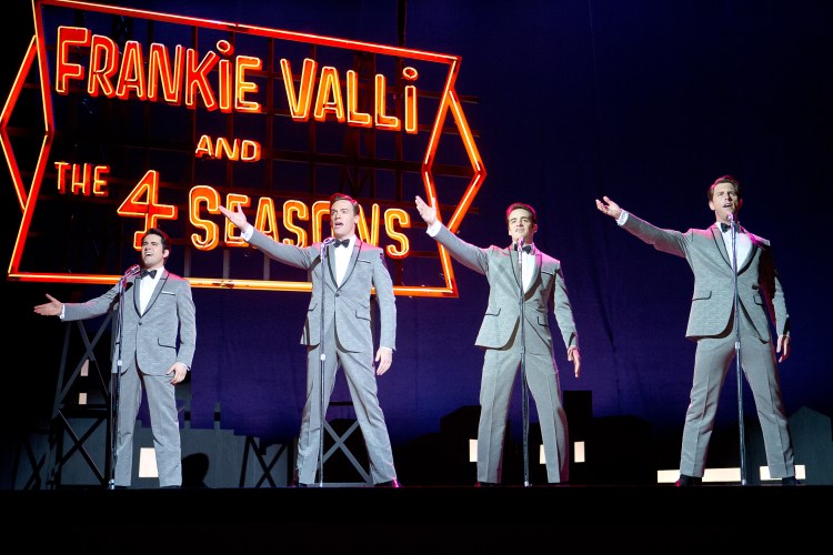 JB-03014r Film Name: JERSEY BOYS Copyright: © 2014 WARNER BROS. ENTERTAINMENT INC. AND RATPAC ENTERTAINMENT Photo Credit: Keith Bernstein Caption: (L-r) JOHN LLOYD YOUNG as Frankie Valli, ERICH BERGEN as Bob Gaudio, VINCENT PIAZZA as Tommy DeVito and MICHAEL LOMENDA as Nick Massi in Warner Bros. Pictures' musical "JERSEY BOYS, " a Warner Bros. Pictures release.